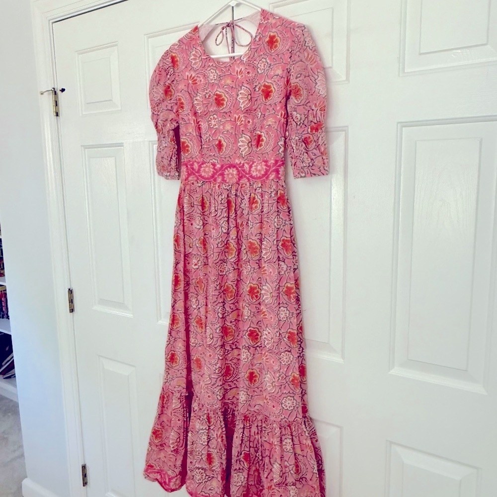 Pink Ruffled Tie Back Maxi Dress with Puff Sleeves Madison Mathews S